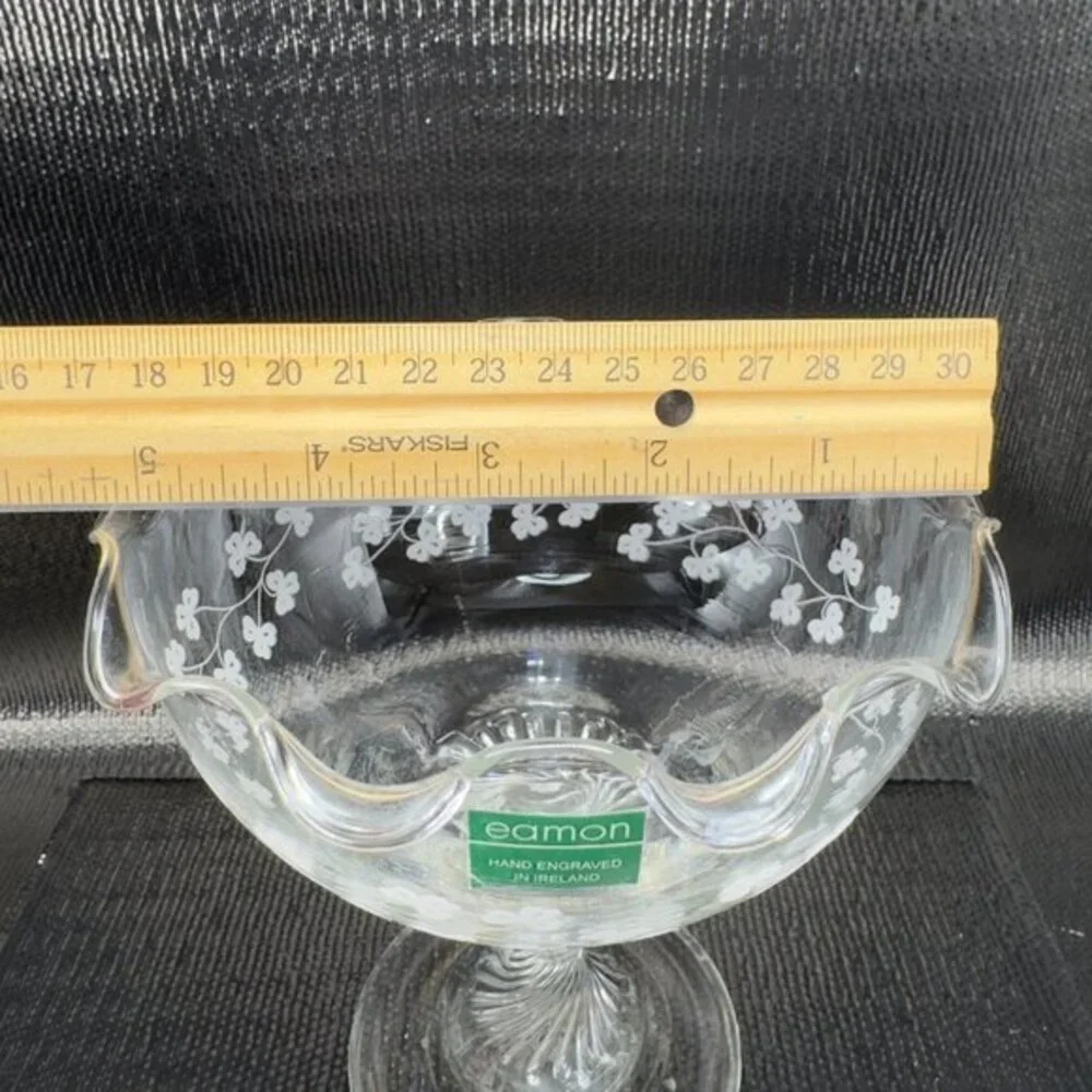 Eamon Glass Engraved Clover Ireland Swirl Footed Compote Dish‎ Bowl Clear Glass